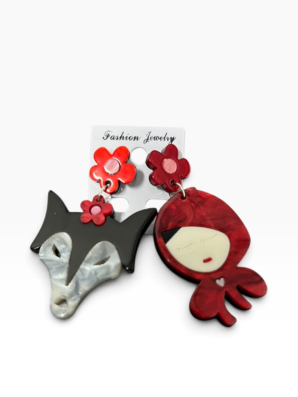Playful Red Wolf & Girl Asymmetrical Drop Earrings - Fashion Jewelry